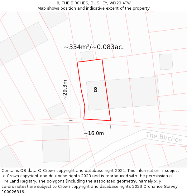 8, THE BIRCHES, BUSHEY, WD23 4TW: Plot and title map