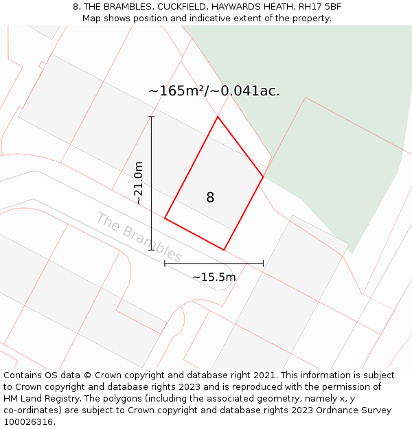 8, THE BRAMBLES, CUCKFIELD, HAYWARDS HEATH, RH17 5BF: Plot and title map