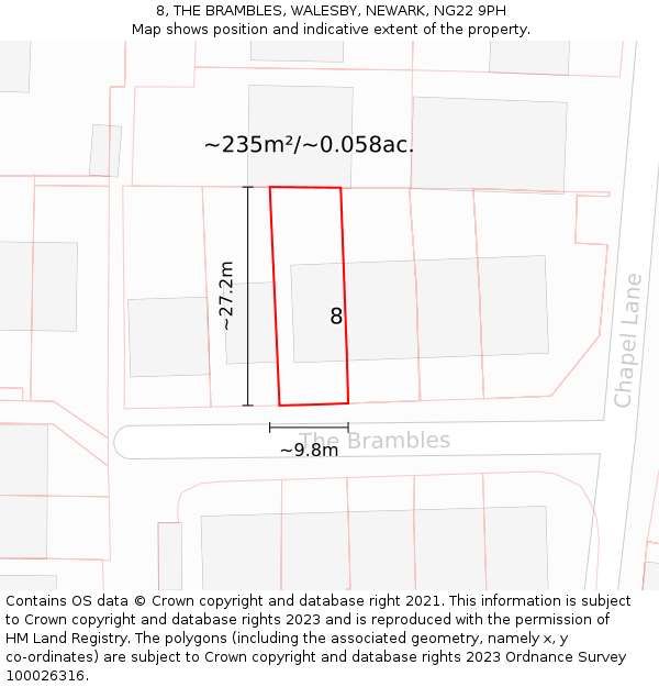 8, THE BRAMBLES, WALESBY, NEWARK, NG22 9PH: Plot and title map