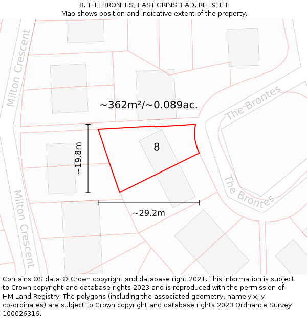 8, THE BRONTES, EAST GRINSTEAD, RH19 1TF: Plot and title map