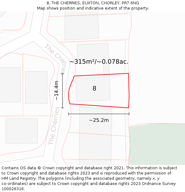 8, THE CHERRIES, EUXTON, CHORLEY, PR7 6NG: Plot and title map