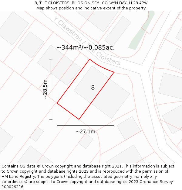 8, THE CLOISTERS, RHOS ON SEA, COLWYN BAY, LL28 4PW: Plot and title map