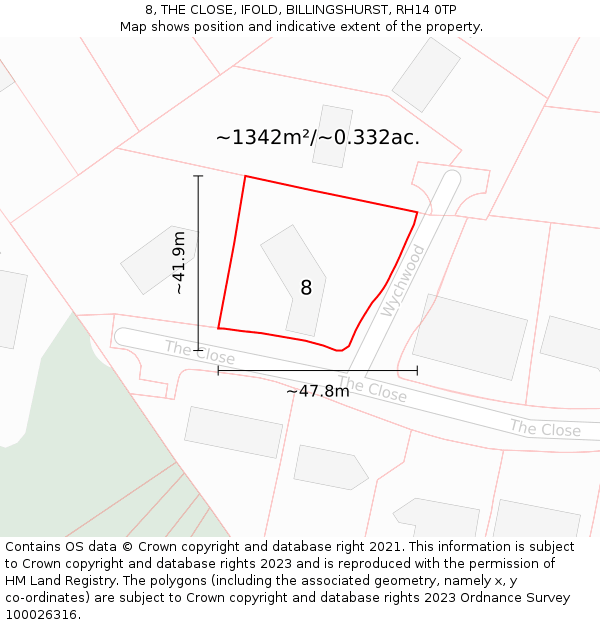 8, THE CLOSE, IFOLD, BILLINGSHURST, RH14 0TP: Plot and title map