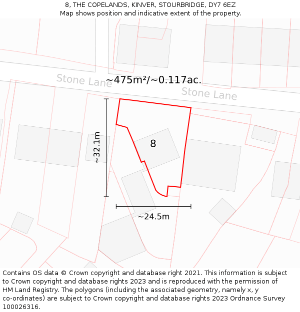 8, THE COPELANDS, KINVER, STOURBRIDGE, DY7 6EZ: Plot and title map