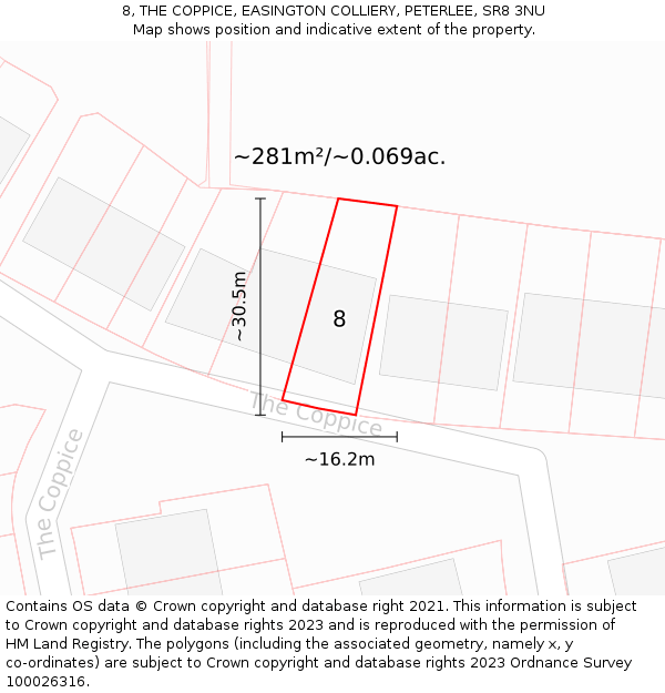 8, THE COPPICE, EASINGTON COLLIERY, PETERLEE, SR8 3NU: Plot and title map