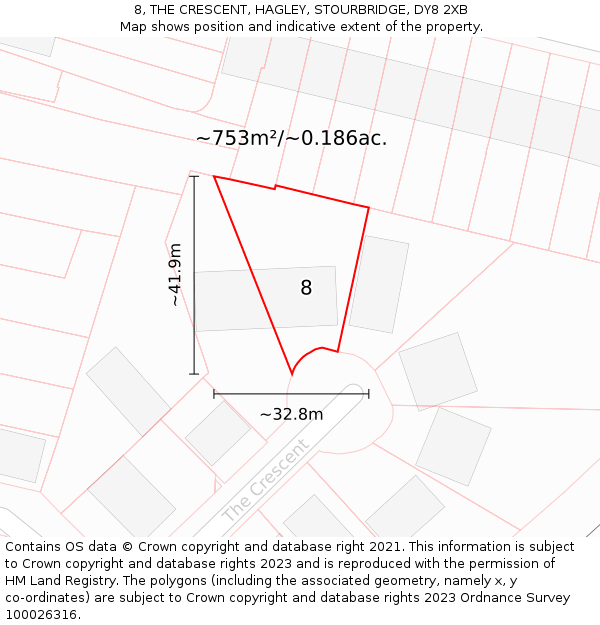 8, THE CRESCENT, HAGLEY, STOURBRIDGE, DY8 2XB: Plot and title map