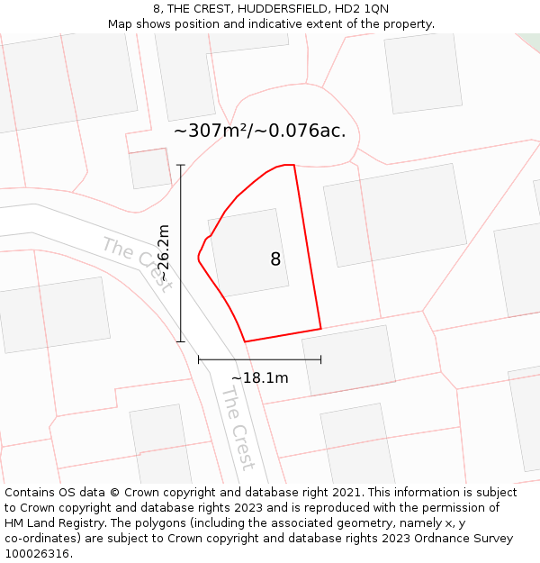 8, THE CREST, HUDDERSFIELD, HD2 1QN: Plot and title map