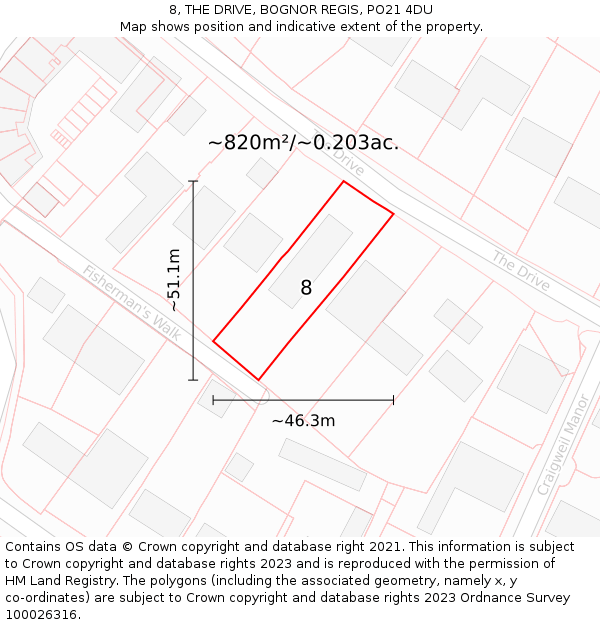 8, THE DRIVE, BOGNOR REGIS, PO21 4DU: Plot and title map