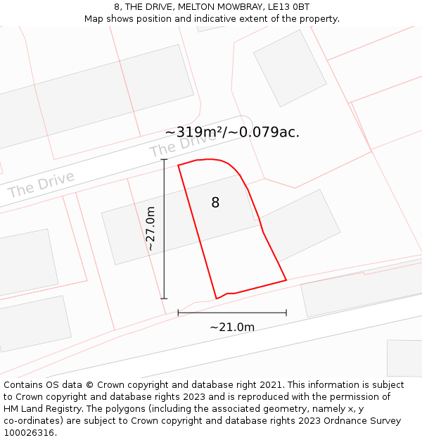 8, THE DRIVE, MELTON MOWBRAY, LE13 0BT: Plot and title map