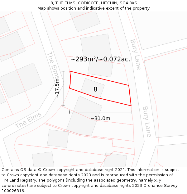 8, THE ELMS, CODICOTE, HITCHIN, SG4 8XS: Plot and title map