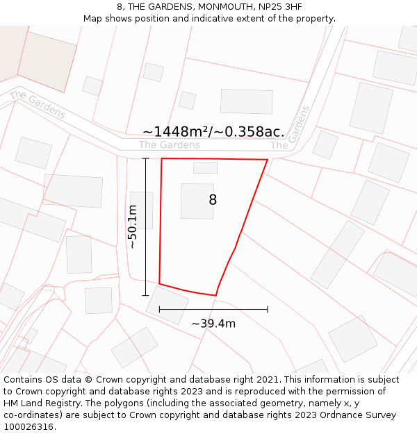 8, THE GARDENS, MONMOUTH, NP25 3HF: Plot and title map