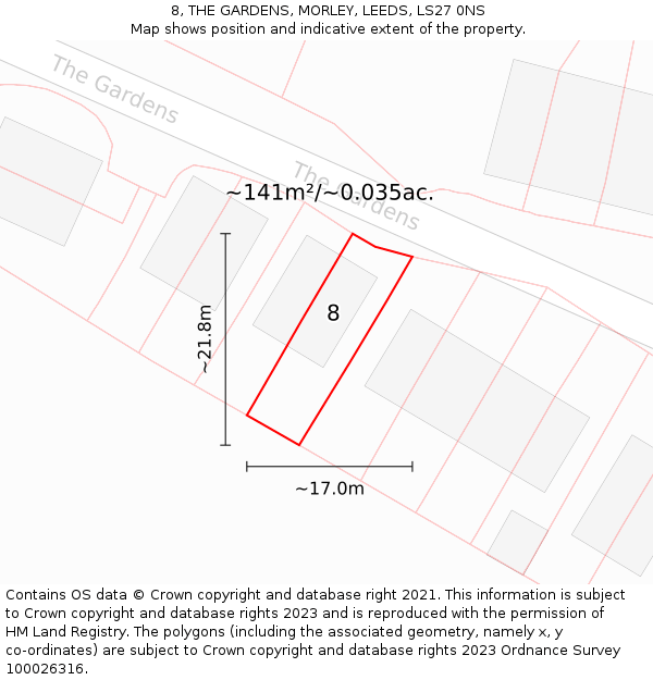 8, THE GARDENS, MORLEY, LEEDS, LS27 0NS: Plot and title map
