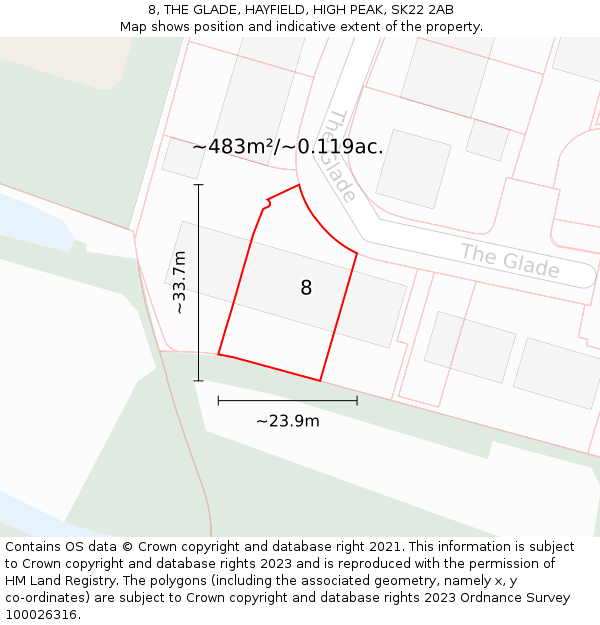 8, THE GLADE, HAYFIELD, HIGH PEAK, SK22 2AB: Plot and title map