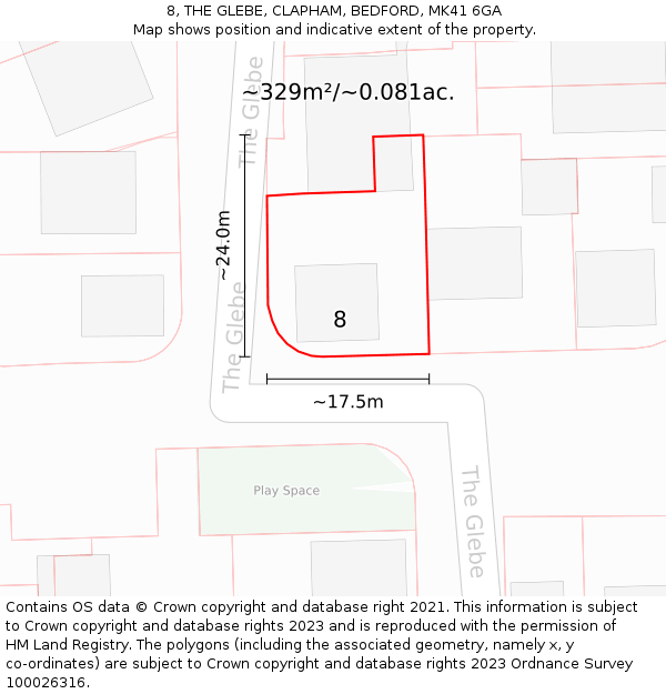 8, THE GLEBE, CLAPHAM, BEDFORD, MK41 6GA: Plot and title map