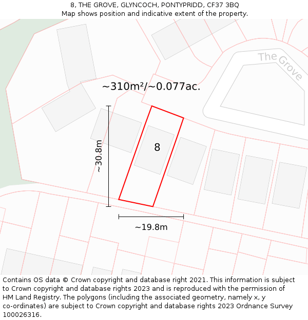 8, THE GROVE, GLYNCOCH, PONTYPRIDD, CF37 3BQ: Plot and title map