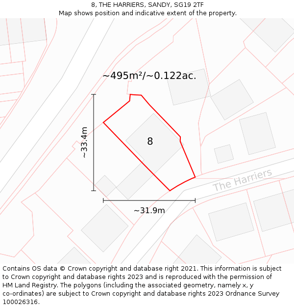 8, THE HARRIERS, SANDY, SG19 2TF: Plot and title map