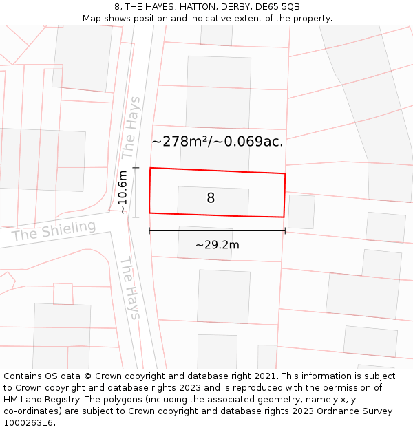 8, THE HAYES, HATTON, DERBY, DE65 5QB: Plot and title map