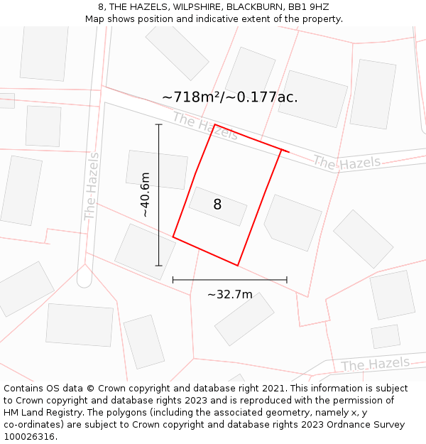 8, THE HAZELS, WILPSHIRE, BLACKBURN, BB1 9HZ: Plot and title map