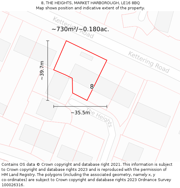 8, THE HEIGHTS, MARKET HARBOROUGH, LE16 8BQ: Plot and title map