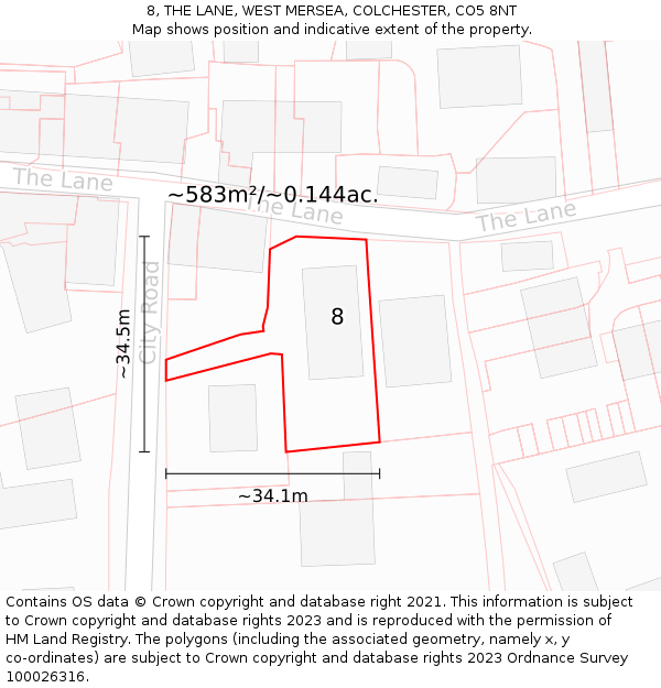8, THE LANE, WEST MERSEA, COLCHESTER, CO5 8NT: Plot and title map