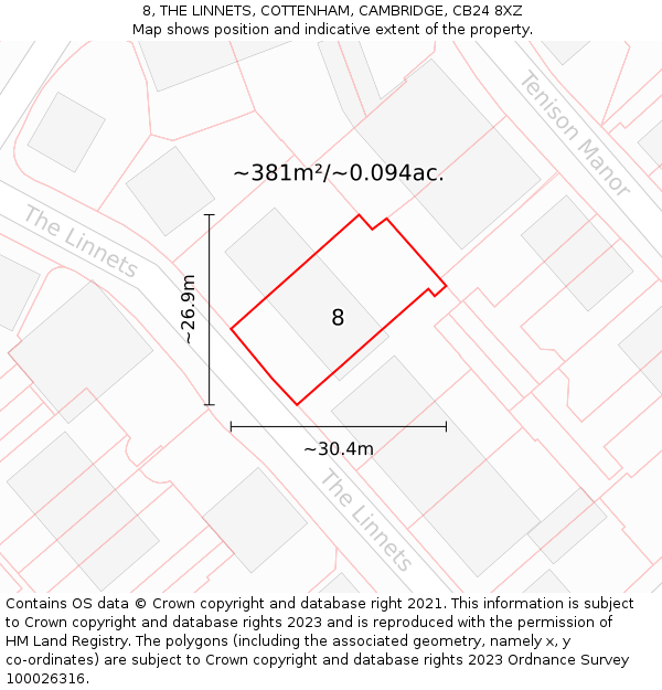 8, THE LINNETS, COTTENHAM, CAMBRIDGE, CB24 8XZ: Plot and title map