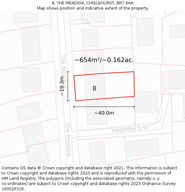 8, THE MEADOW, CHISLEHURST, BR7 6AA: Plot and title map