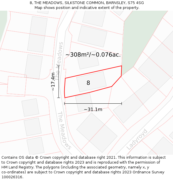 8, THE MEADOWS, SILKSTONE COMMON, BARNSLEY, S75 4SG: Plot and title map