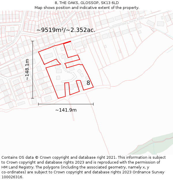 8, THE OAKS, GLOSSOP, SK13 6LD: Plot and title map