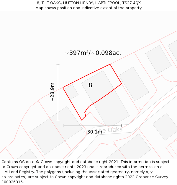 8, THE OAKS, HUTTON HENRY, HARTLEPOOL, TS27 4QX: Plot and title map
