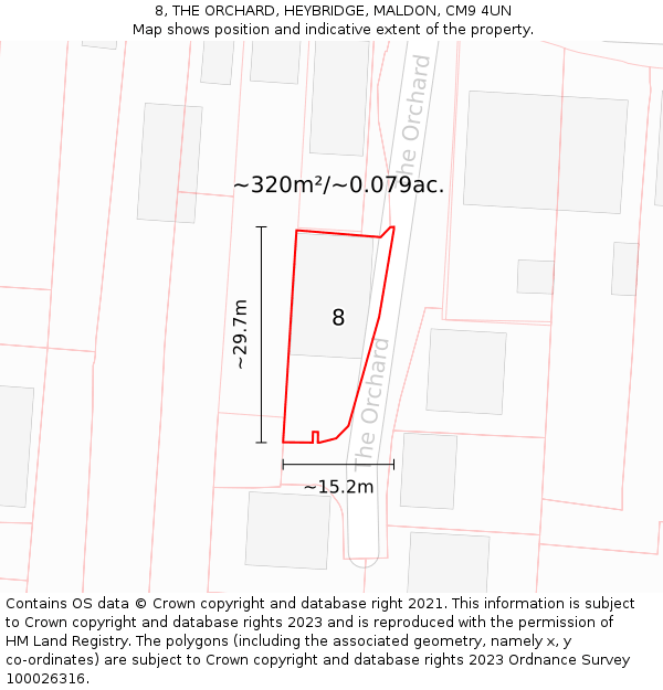 8, THE ORCHARD, HEYBRIDGE, MALDON, CM9 4UN: Plot and title map