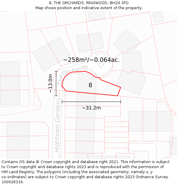 8, THE ORCHARDS, RINGWOOD, BH24 3FD: Plot and title map
