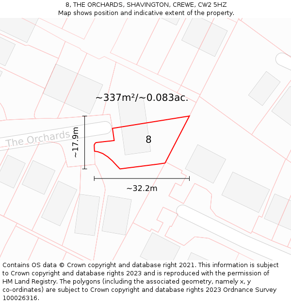 8, THE ORCHARDS, SHAVINGTON, CREWE, CW2 5HZ: Plot and title map