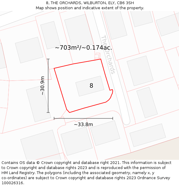 8, THE ORCHARDS, WILBURTON, ELY, CB6 3SH: Plot and title map