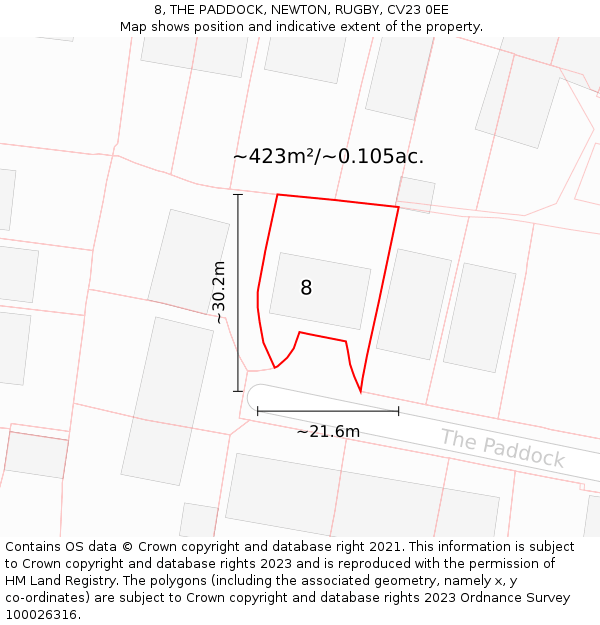 8, THE PADDOCK, NEWTON, RUGBY, CV23 0EE: Plot and title map