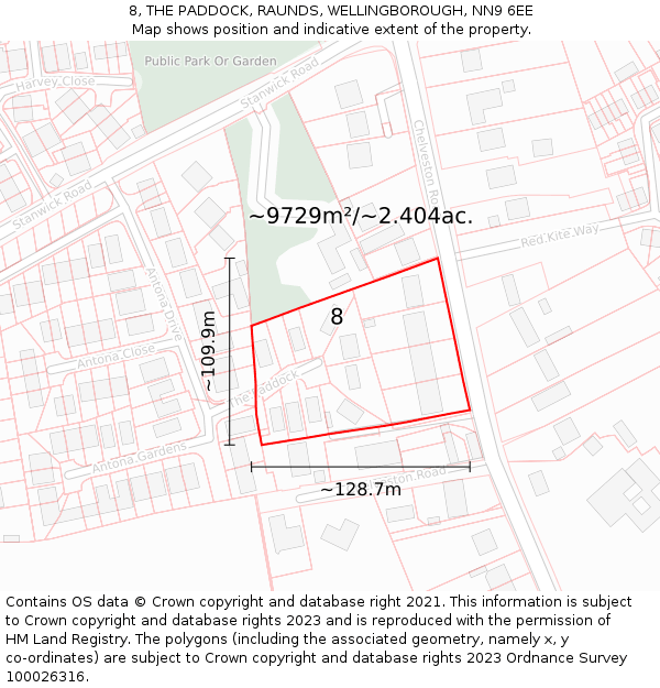 8, THE PADDOCK, RAUNDS, WELLINGBOROUGH, NN9 6EE: Plot and title map