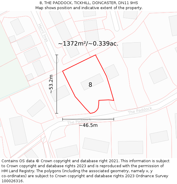 8, THE PADDOCK, TICKHILL, DONCASTER, DN11 9HS: Plot and title map