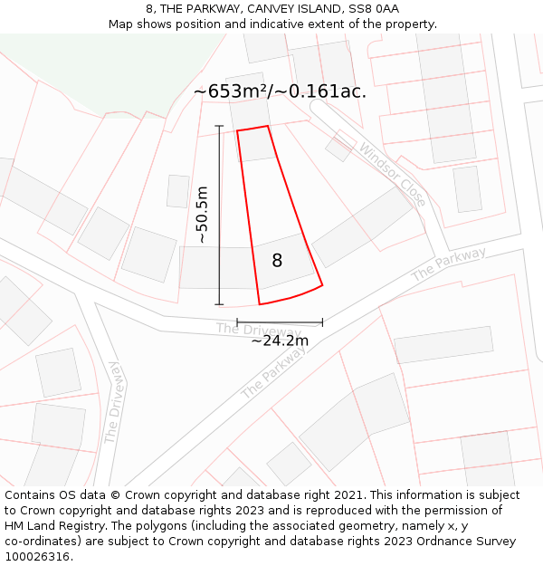 8, THE PARKWAY, CANVEY ISLAND, SS8 0AA: Plot and title map