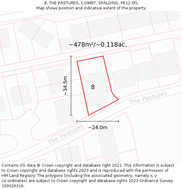 8, THE PASTURES, COWBIT, SPALDING, PE12 6FL: Plot and title map