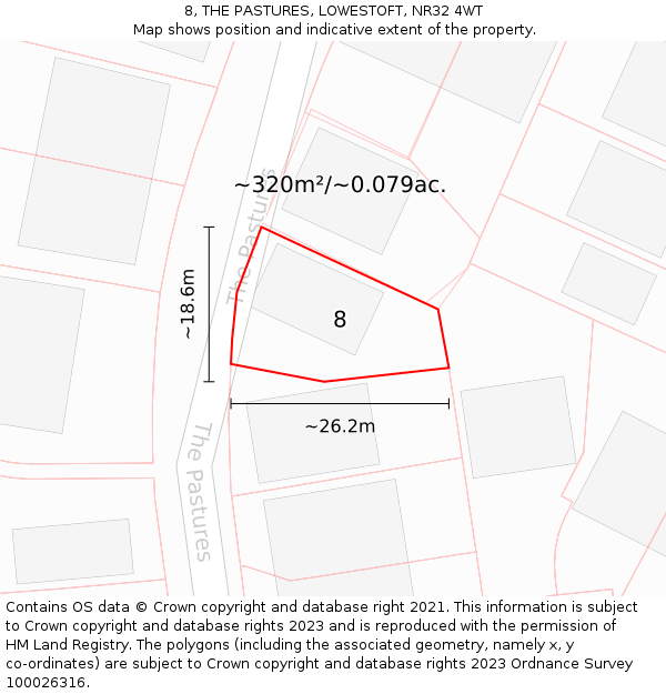 8, THE PASTURES, LOWESTOFT, NR32 4WT: Plot and title map