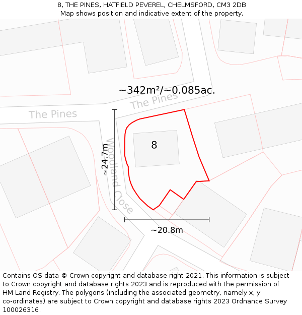 8, THE PINES, HATFIELD PEVEREL, CHELMSFORD, CM3 2DB: Plot and title map