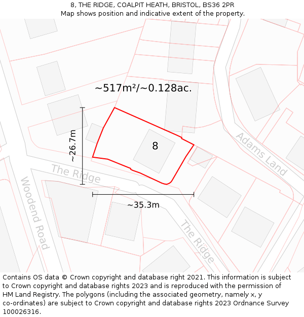 8, THE RIDGE, COALPIT HEATH, BRISTOL, BS36 2PR: Plot and title map