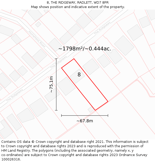 8, THE RIDGEWAY, RADLETT, WD7 8PR: Plot and title map
