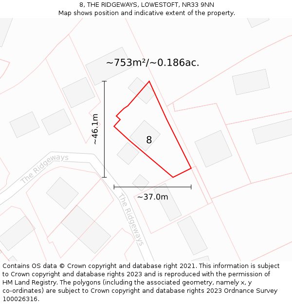 8, THE RIDGEWAYS, LOWESTOFT, NR33 9NN: Plot and title map