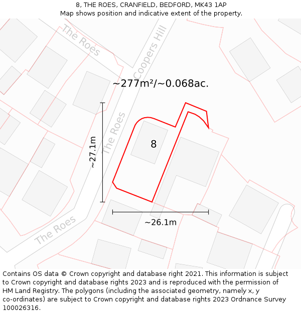 8, THE ROES, CRANFIELD, BEDFORD, MK43 1AP: Plot and title map