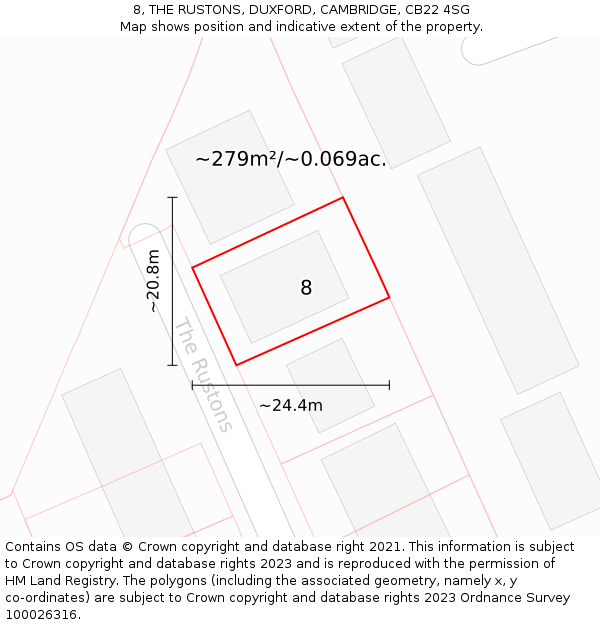 8, THE RUSTONS, DUXFORD, CAMBRIDGE, CB22 4SG: Plot and title map