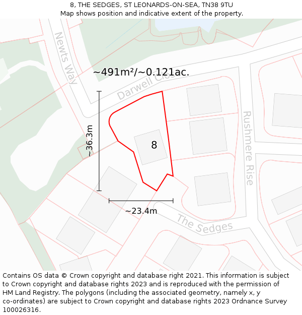8, THE SEDGES, ST LEONARDS-ON-SEA, TN38 9TU: Plot and title map