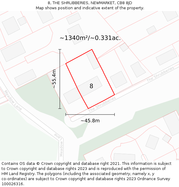 8, THE SHRUBBERIES, NEWMARKET, CB8 8JD: Plot and title map