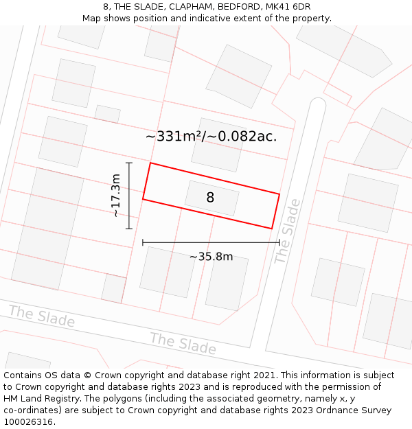 8, THE SLADE, CLAPHAM, BEDFORD, MK41 6DR: Plot and title map