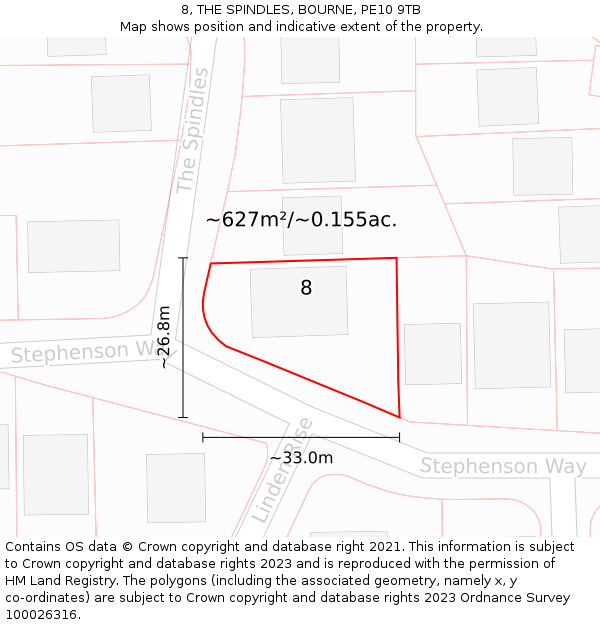 8, THE SPINDLES, BOURNE, PE10 9TB: Plot and title map