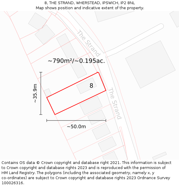 8, THE STRAND, WHERSTEAD, IPSWICH, IP2 8NL: Plot and title map